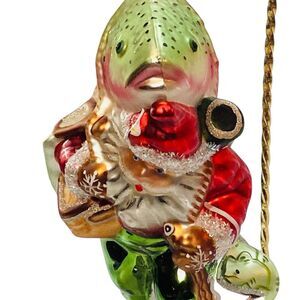 Santa Christmas Ornament carrying a Fish and Bait Metal 6in